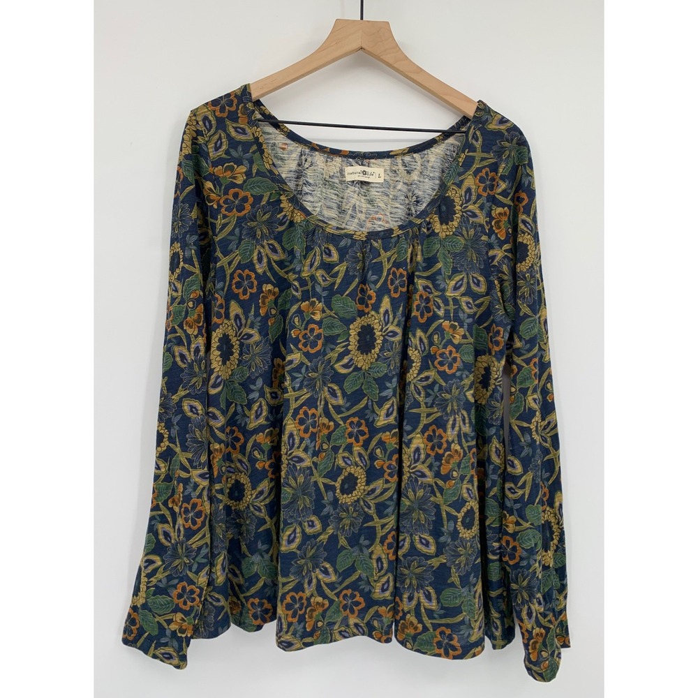 Natural Life Shirt Womens Large Blue Floral Long Sleeve Boho Garden Nature